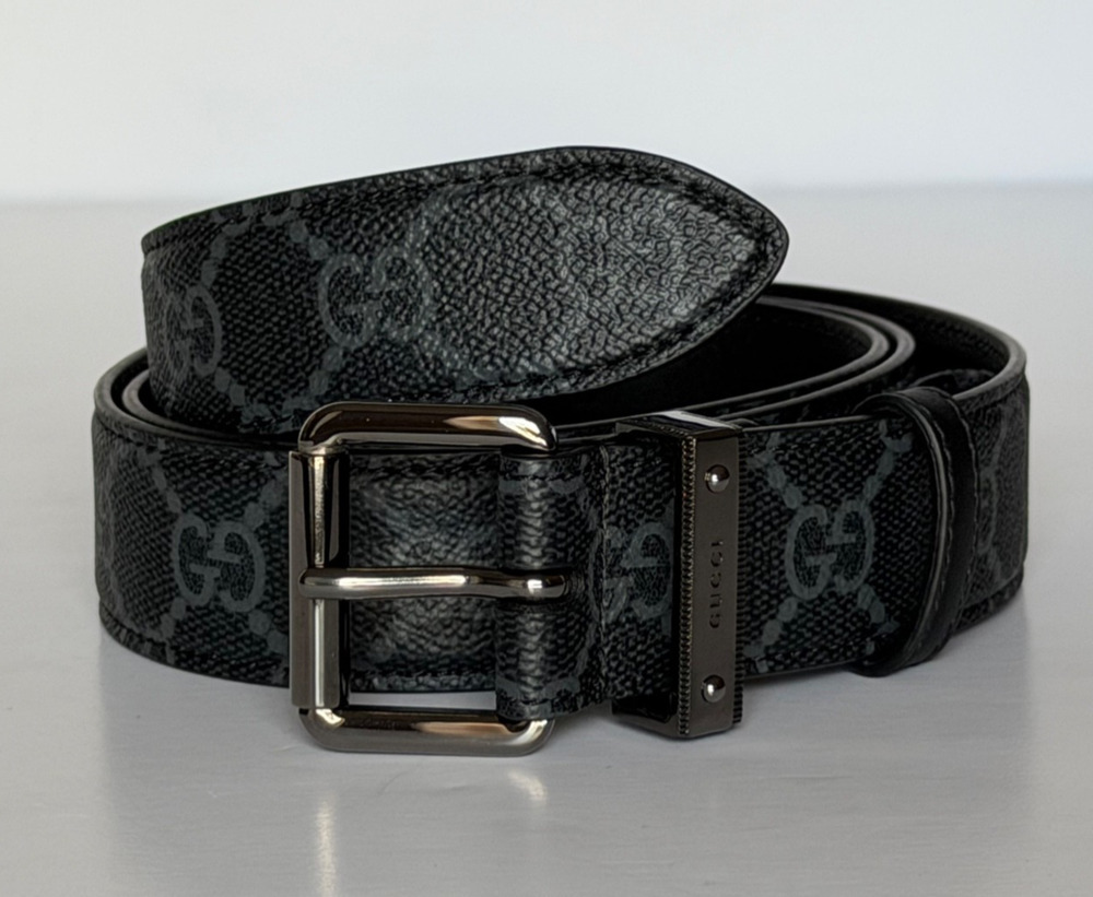 Gucci Men’s GG Emblem Belt Black Square Buckle 95/38 822150 Italy NIB